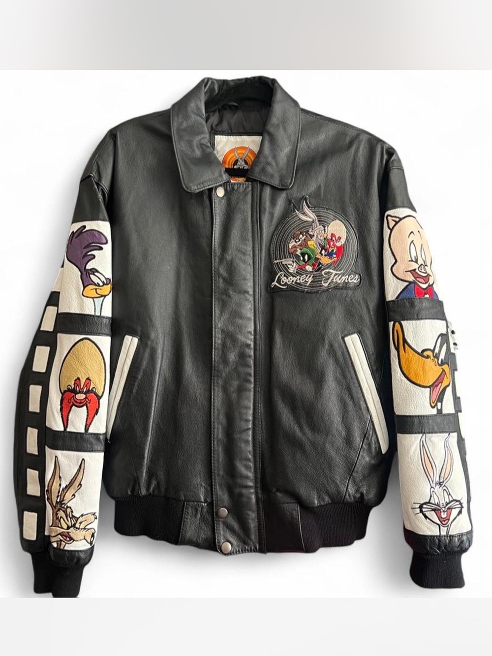 Vintage 1997 Warner Bros Looney Tunes Leather Bomber Jacket 90s Rare Cartoon